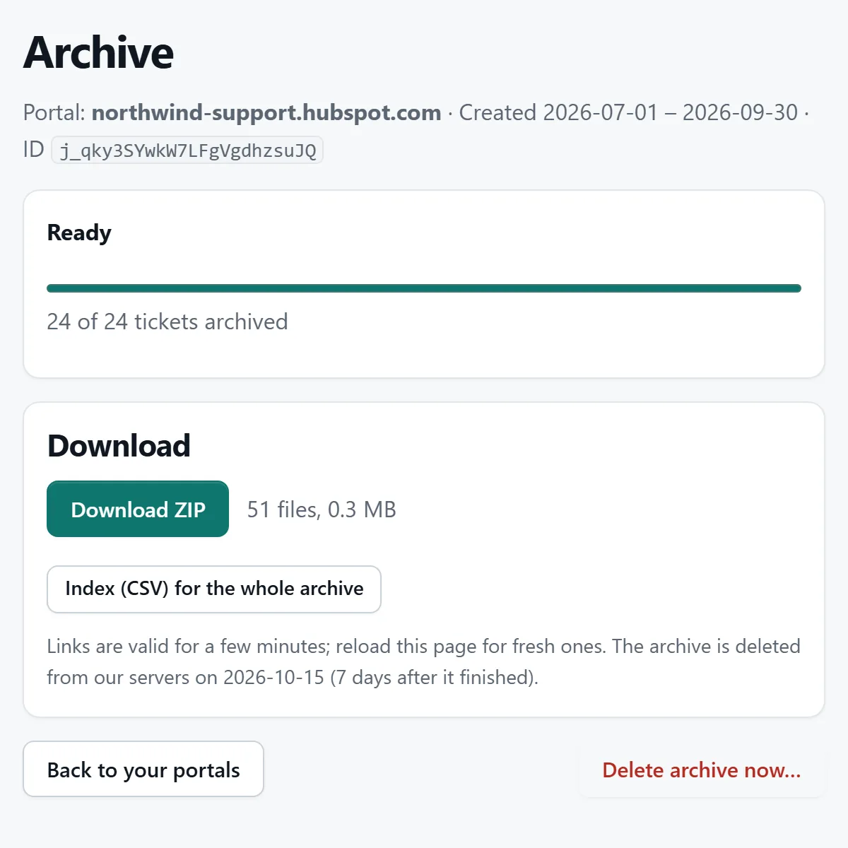 Archive page: Ready, 24 of 24 tickets archived, Part 1 of 1 (ZIP) with 51 files, and the CSV index.