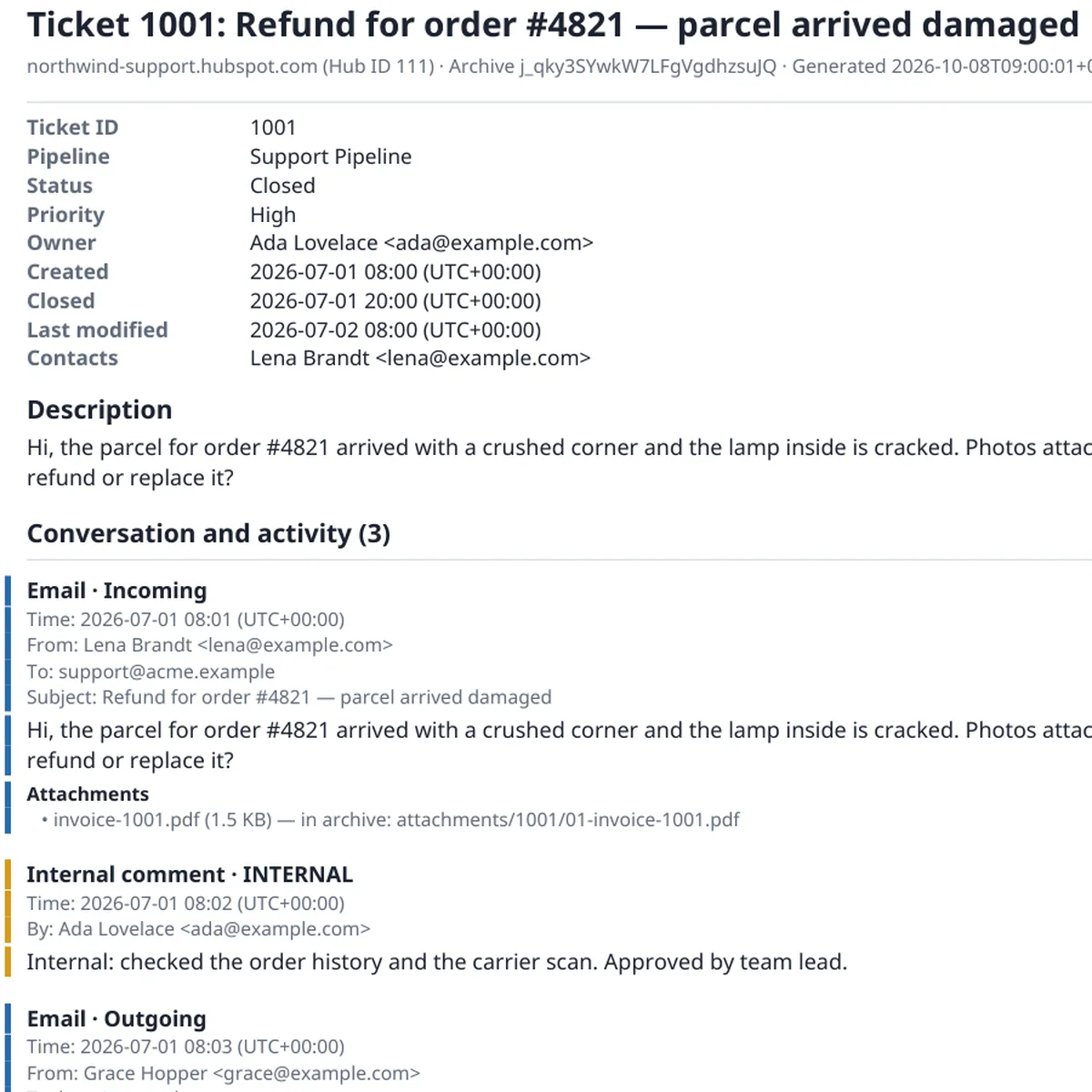 PDF of ticket 1001, Refund for order #4821: ticket ID, pipeline, status Closed, priority High, owner, created and closed dates, contact and description.