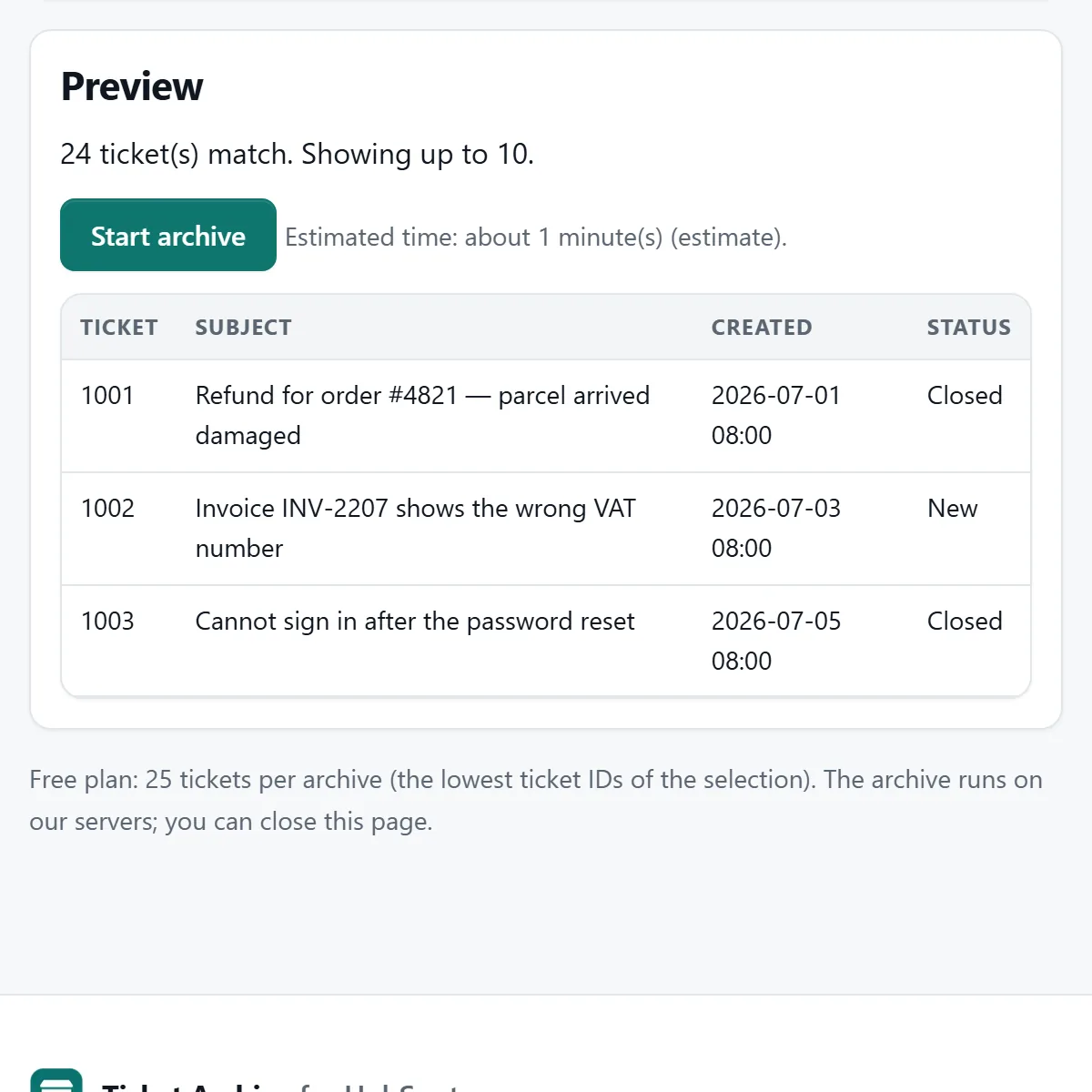 Preview in the app: 24 tickets match, with ticket number, subject, created date, status and owner.