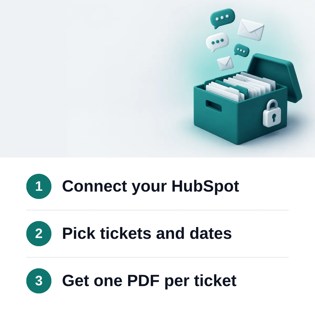 Infographic: 1 Connect your HubSpot. 2 Pick tickets and dates. 3 Get one PDF per ticket.